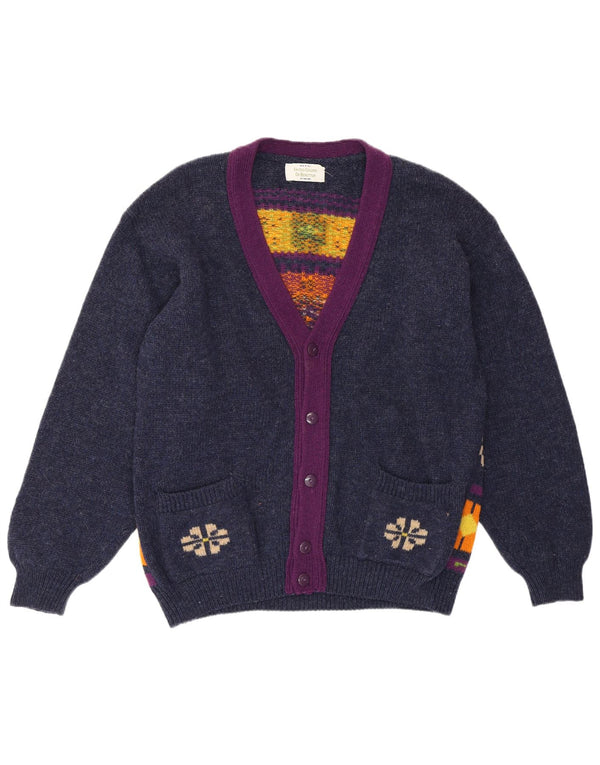 Benetton Cardigan Femme Pull UK 14 Moyen Bleu Marine Géométrique Rétro