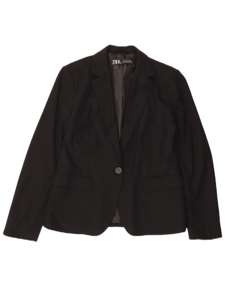 Zara Femme 1 Bouton Blazer Veste EU 38 Petit Noir Polyester
