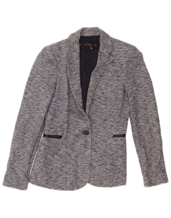 Zara Womens 1 Button Blazer Jacket UK 6 XS Bleu Moucheté Coton