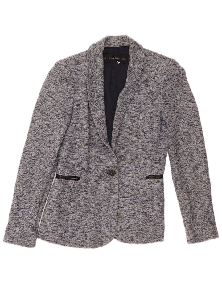Zara Womens 1 Button Blazer Jacket UK 6 XS Bleu Moucheté Coton