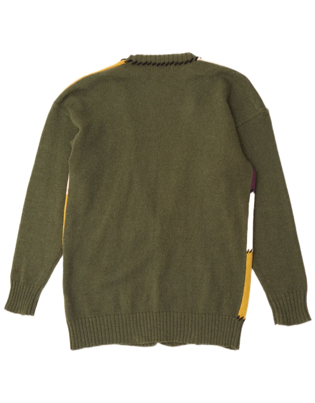 vintage Femme Graphique Cardigan Pull UK 16 Grande Laine Patchwork Vert