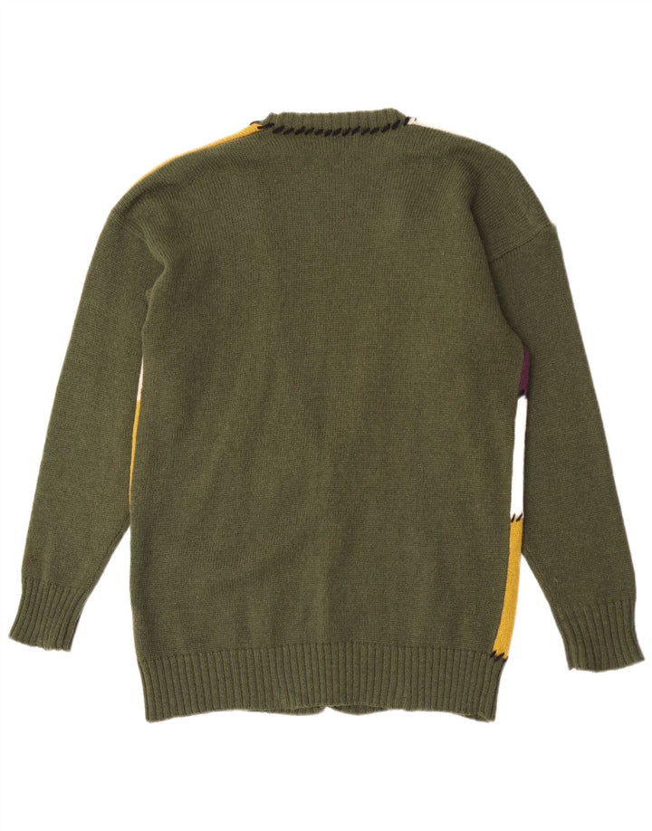 vintage Femme Graphique Cardigan Pull UK 16 Grande Laine Patchwork Vert