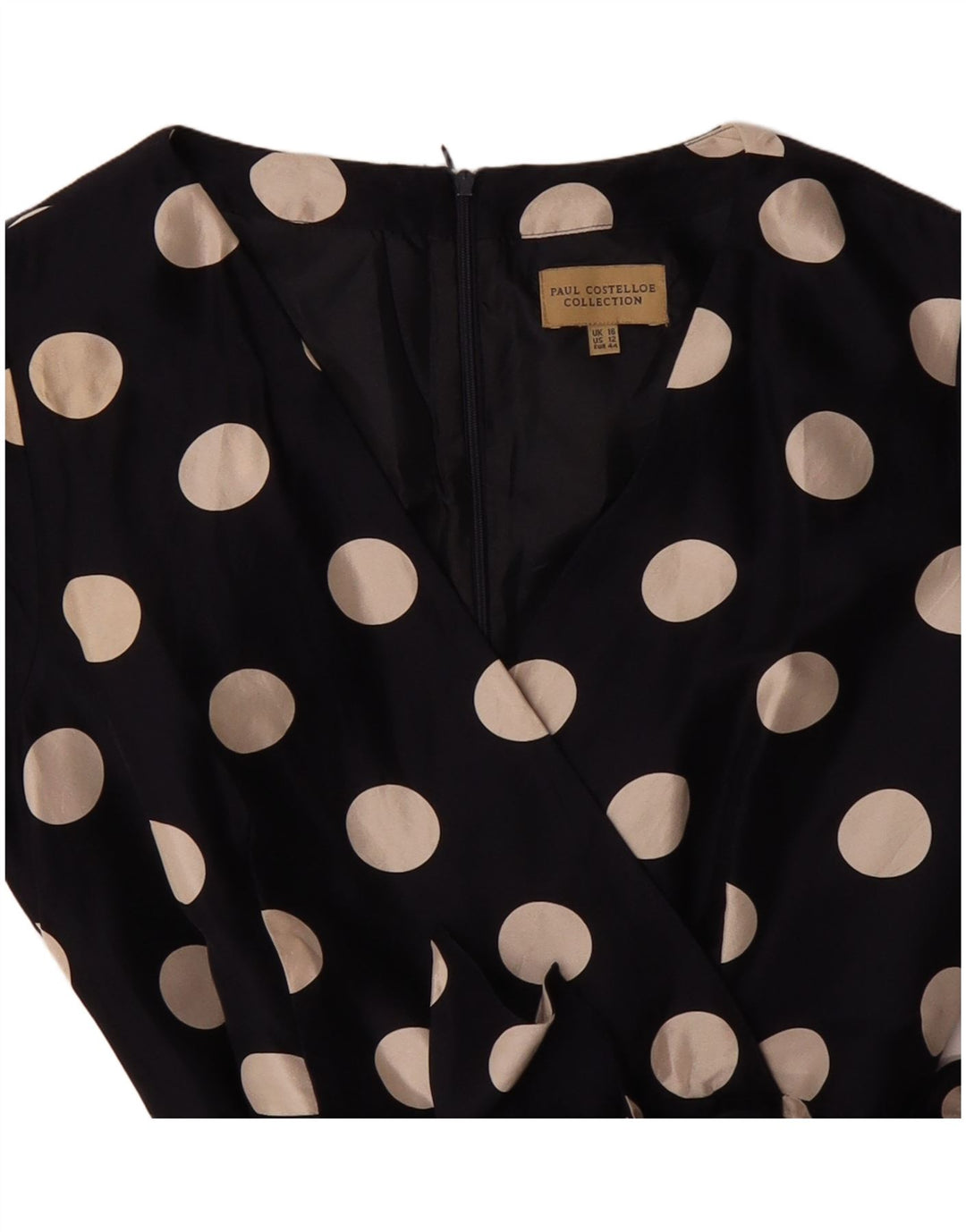 PAUL COSTELLOE Robe trapèze pour femme UK 16 Grande soie à pois bleu marine