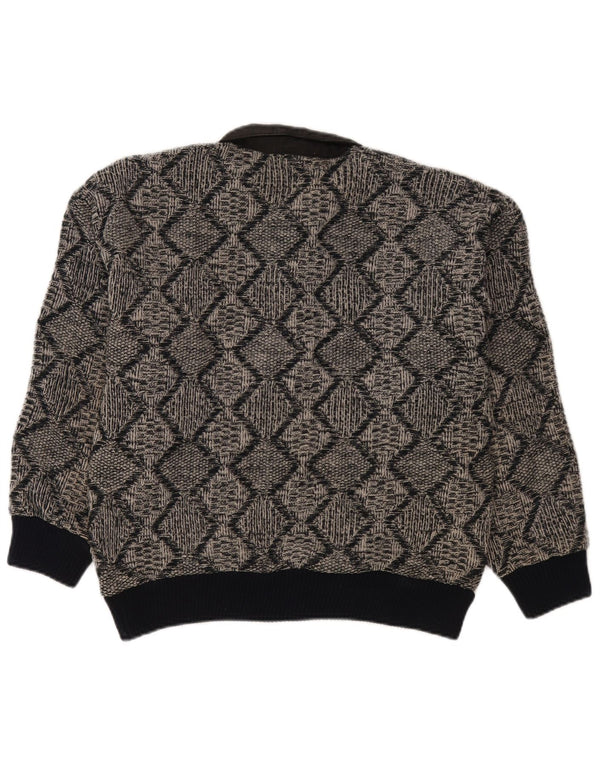 vintage Mens Polo Neck Jumper Pull Petit Gris Géométrique Acrylique