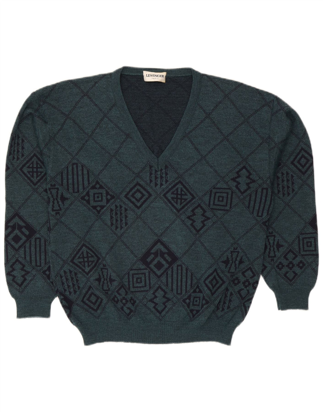 Lewinger Pull col V Homme Laine Géométrique Vert Moyen