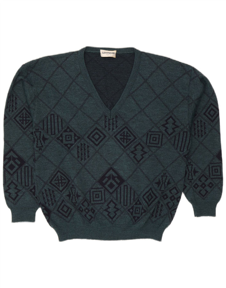 Lewinger Pull col V Homme Laine Géométrique Vert Moyen