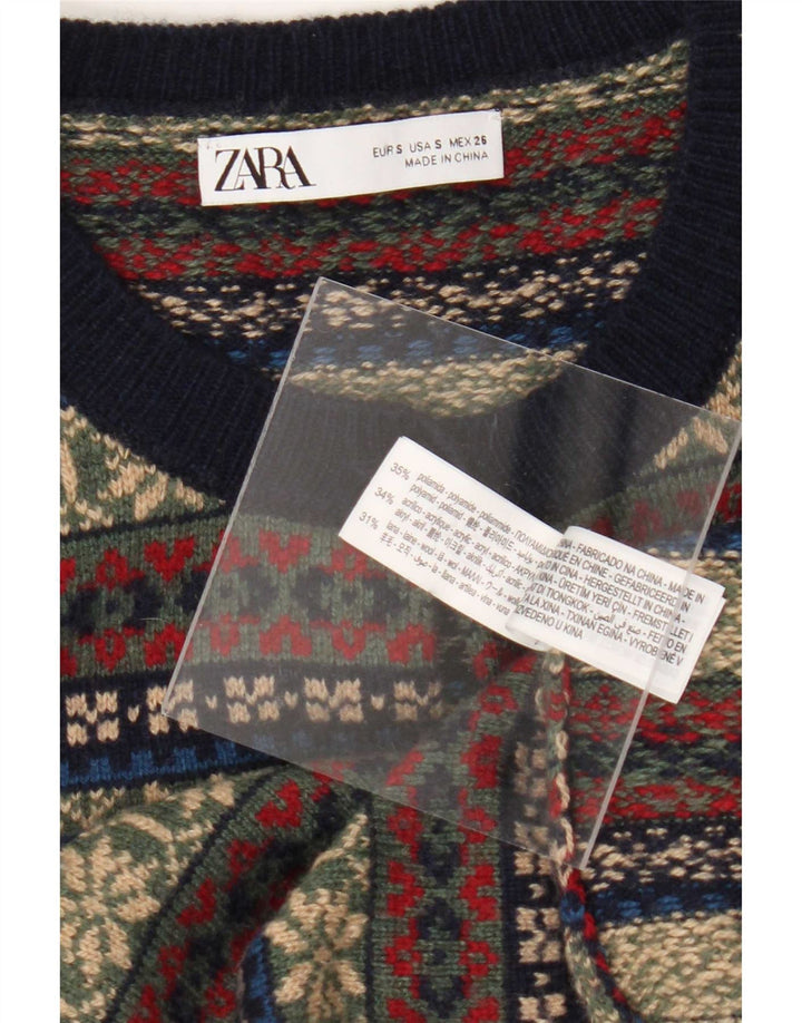 Zara Cardigan Femme Pull UK 10 Petit Multicolore Fair Isle Polyamide