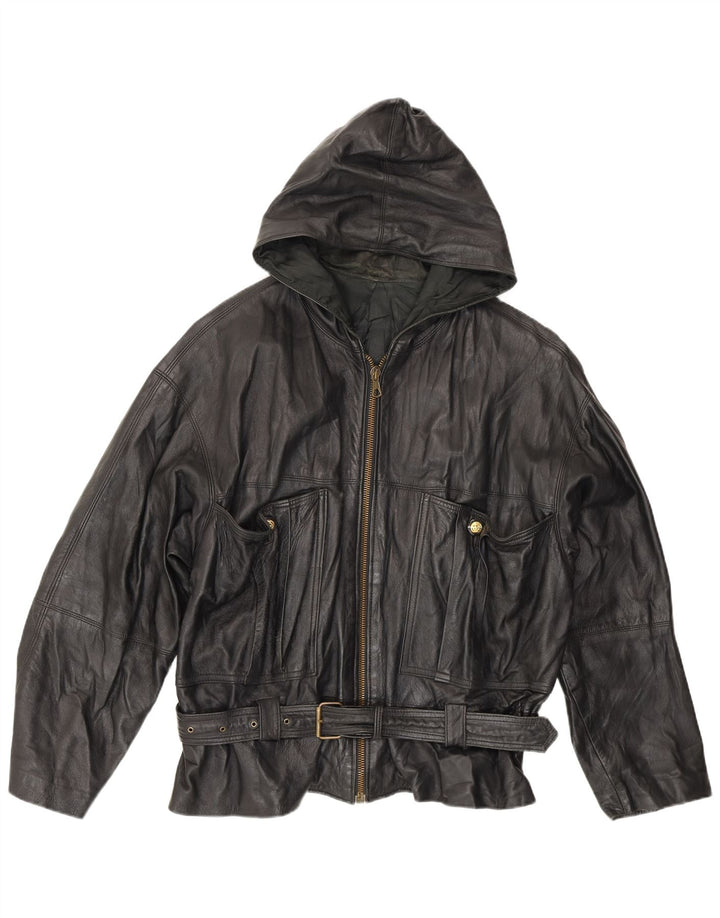 veste en cuir à capuche homme vintage UK 42 XL Noir