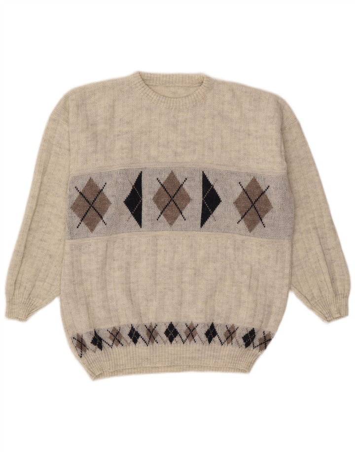 vintage Mens Crew Neck Jumper Pull XL Gris Argyle/Diamant