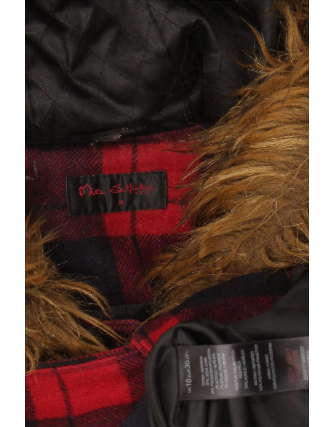 Miss Selfridge Duffle Jacket à capuche pour femme UK 10 Petite laine à carreaux rouge