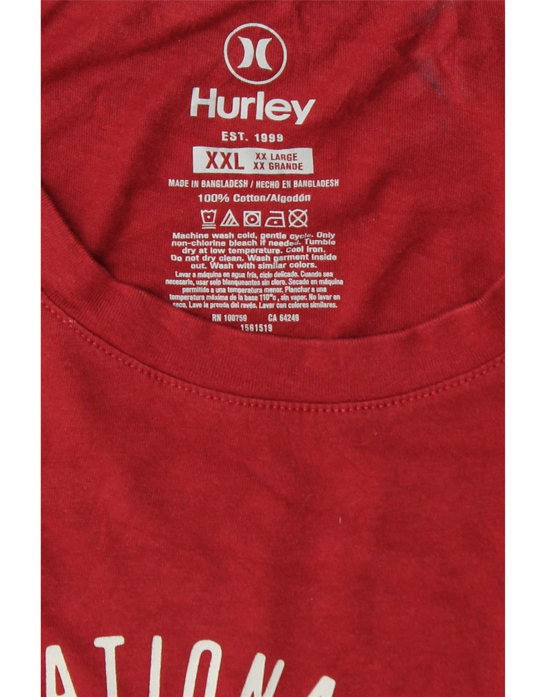 HURLEY T-Shirt Graphique Homme Top 2XL Rouge Coton