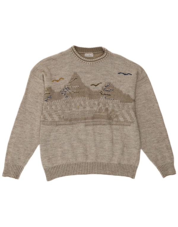 vintage Mens Crew Neck Jumper Pull Moyen Gris Géométrique Rétro