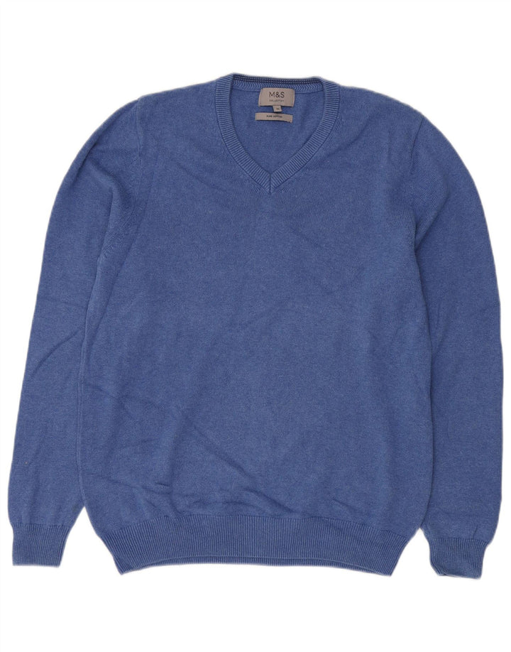 MARKS & SPENCER Pull Col V Homme Bleu Moyen Coton