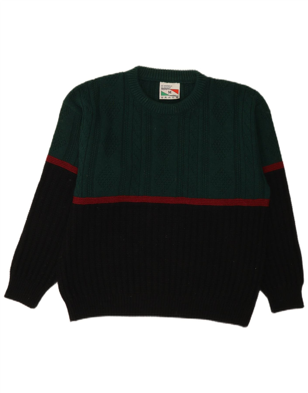 vintage Mens Crew Neck Jumper Pull Vert Moyen Colorblock Polyacrylique