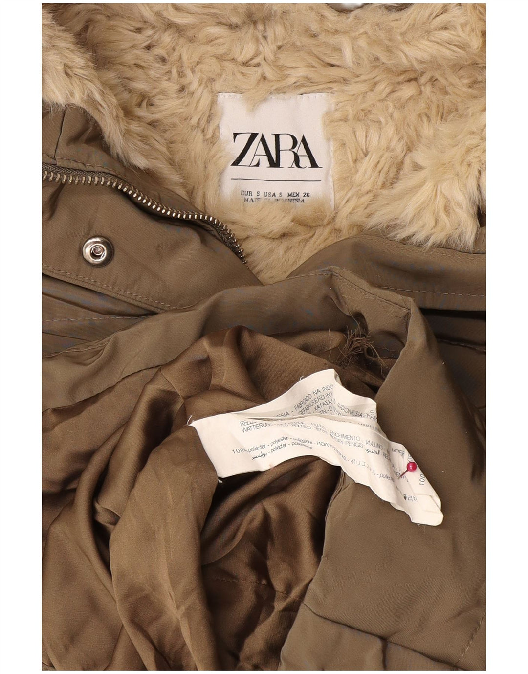 Zara Veste matelassée Sherpa à capuche pour femme UK 10 Petit Kaki Polyester