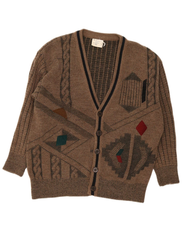 vintage Mens Cardigan Sweater UK 34 /36 Petit Marron Géométrique Polyacrylique