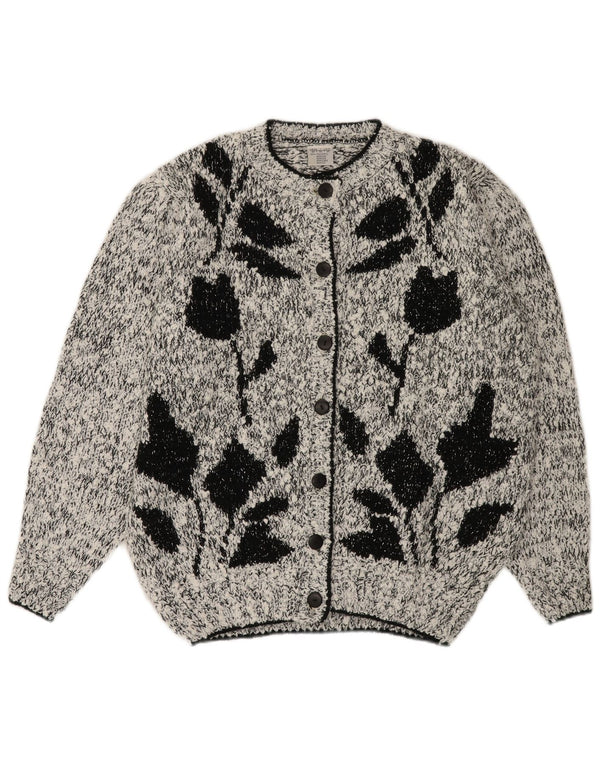 VINTAGE Femme Cardigan surdimensionné Pull IT 50 XL Gris Floral Polyacrylique
