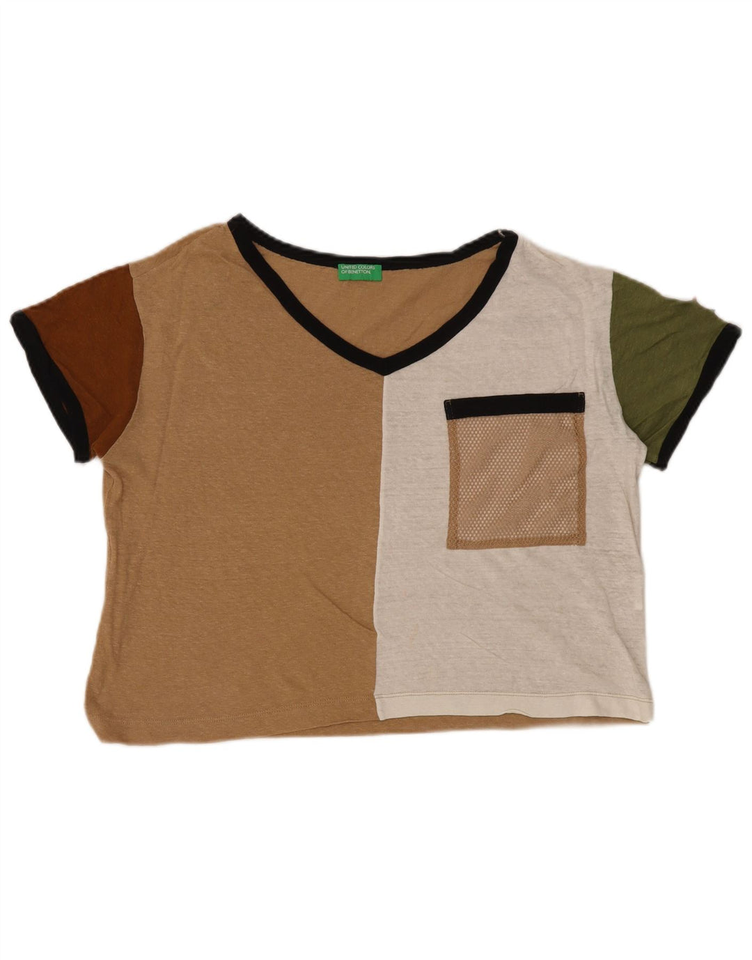 BENETTON T-shirt court surdimensionné pour femme UK 6 XS Beige Colourblock