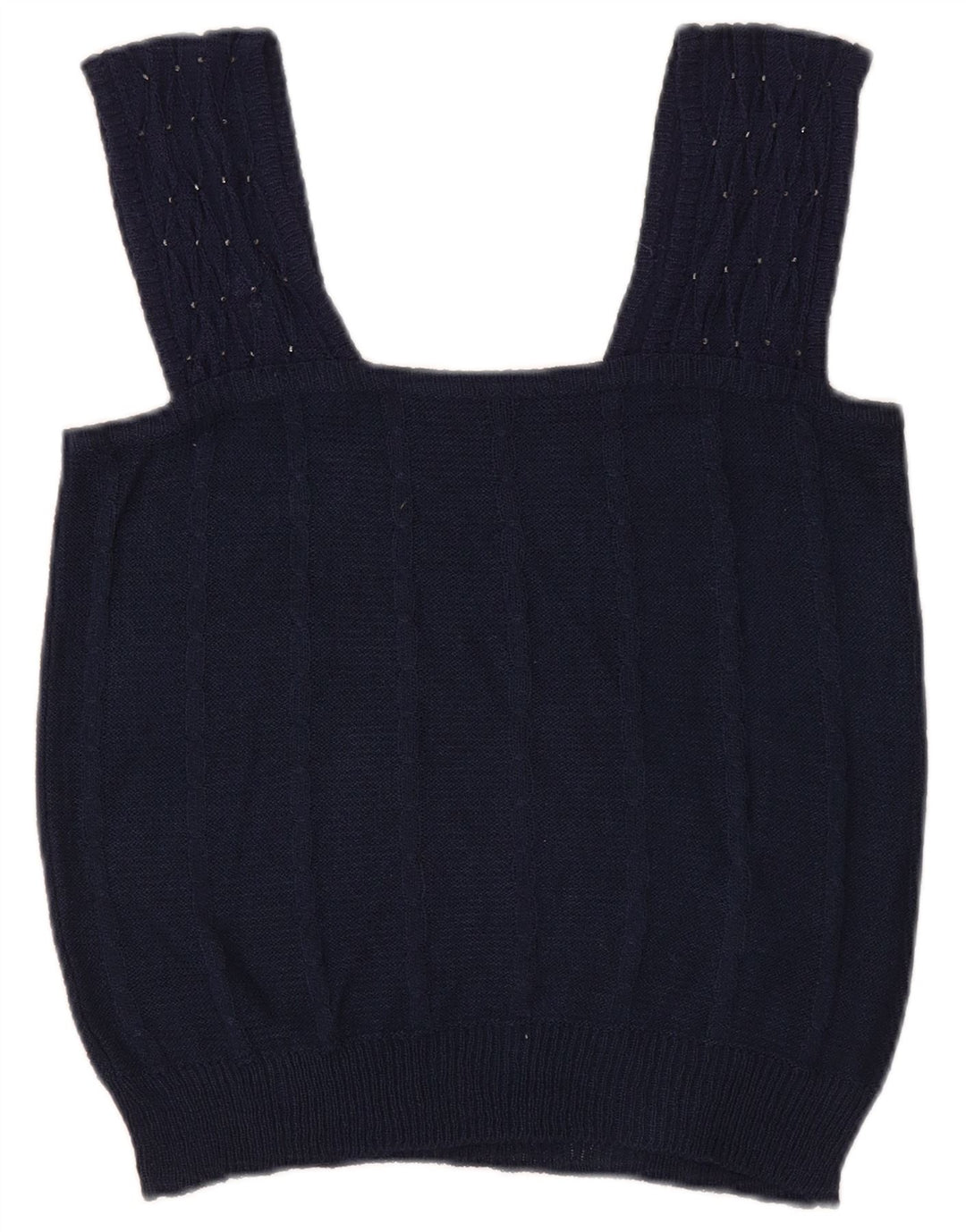 vintage Femmes Crop Knit Cami Top UK 8 Petit Bleu Marine