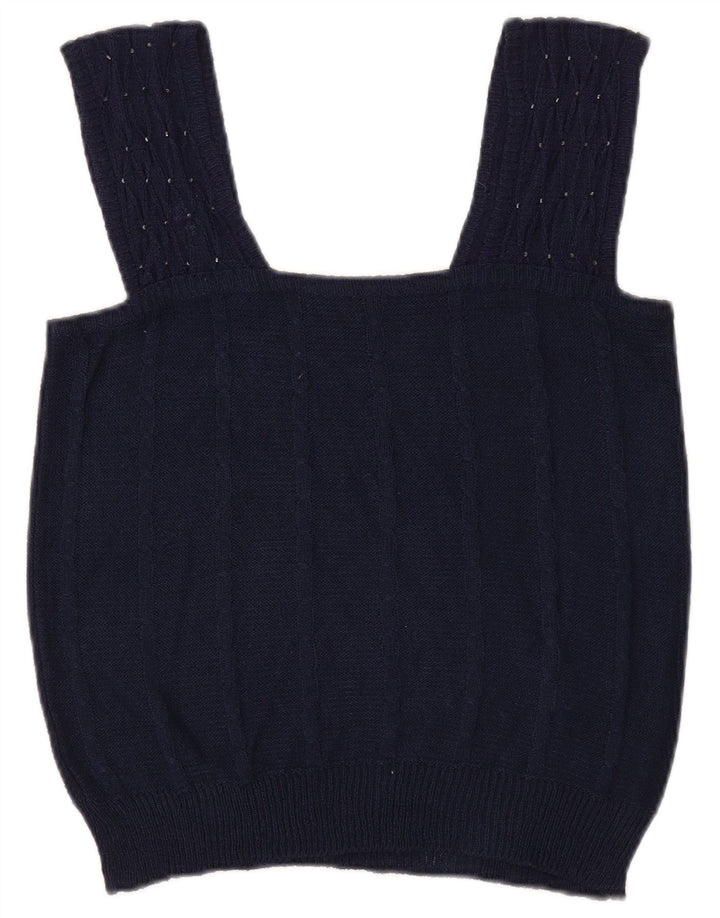 vintage Femmes Crop Knit Cami Top UK 8 Petit Bleu Marine