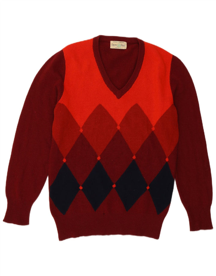 vintage Mens V-Col Jumper Pull Moyen Bourgogne Argyle/Diamond Lambswool