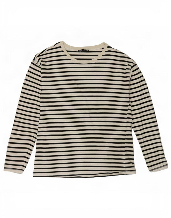 Zara Femme Top Manches Longues UK 10 Petit Coton Rayé Blanc