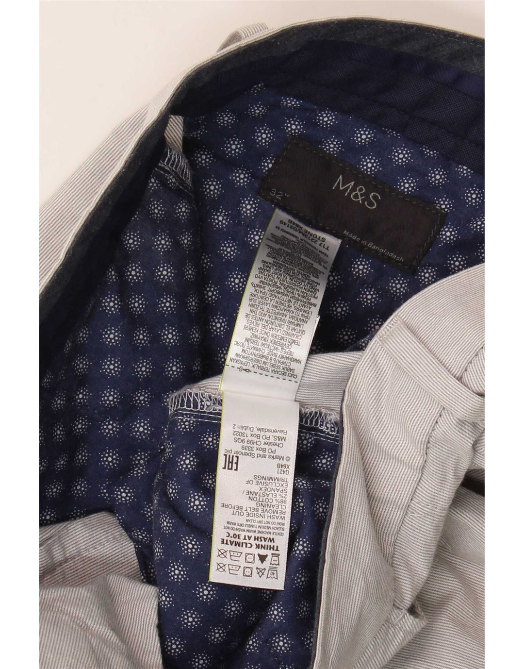 Marks & Spencer Short Chino Homme W32 Coton à Rayures Gris Moyen