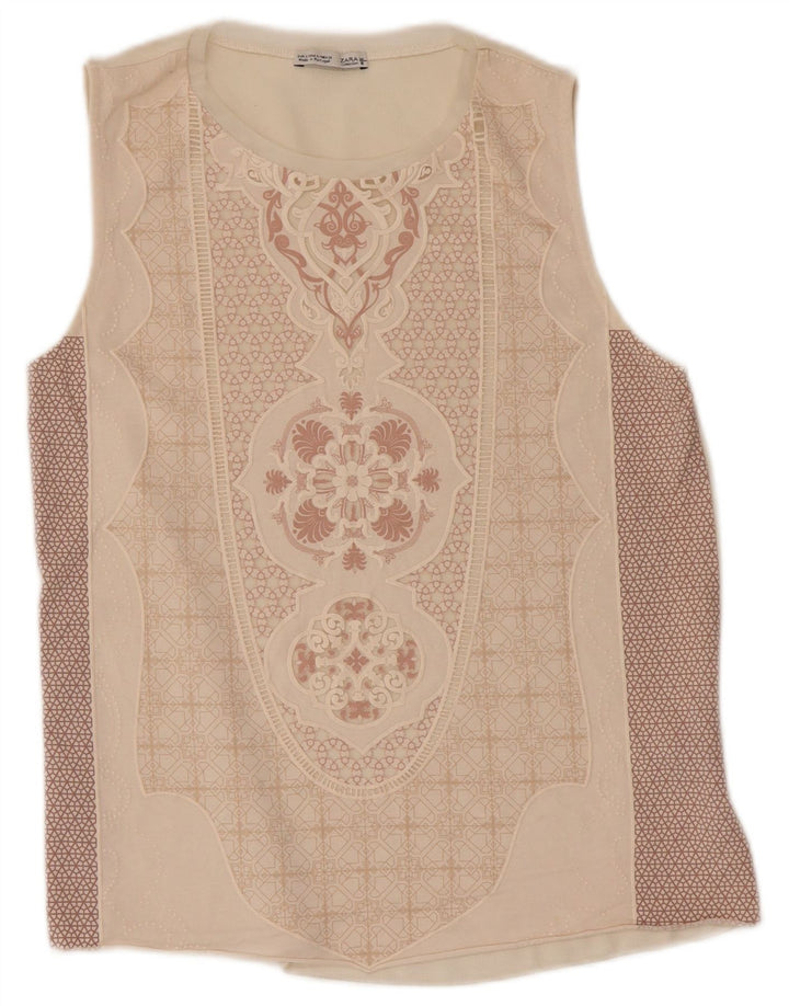 Zara Femme Débardeur à Motif Abstrait UK 8 Petit Polyester Beige