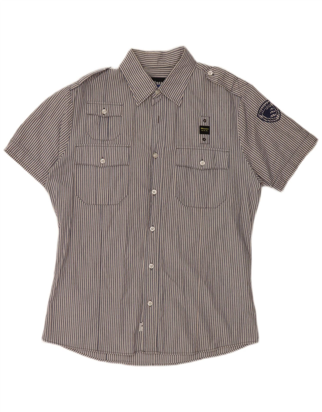 BLAUER Chemise militaire à manches courtes pour homme en coton à fines rayures bleues