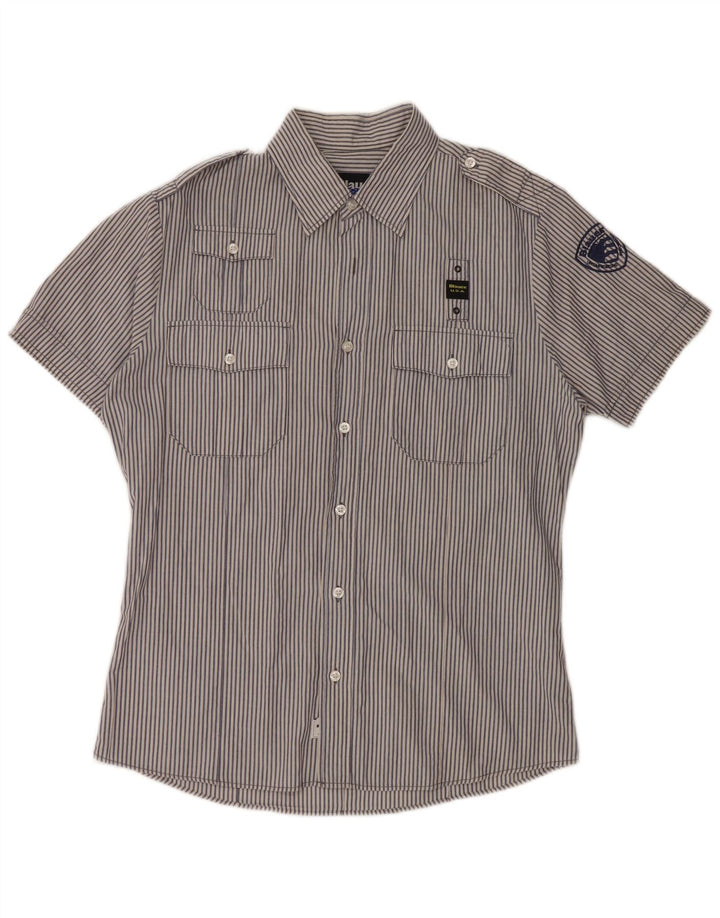 BLAUER Chemise militaire à manches courtes pour homme en coton à fines rayures bleues