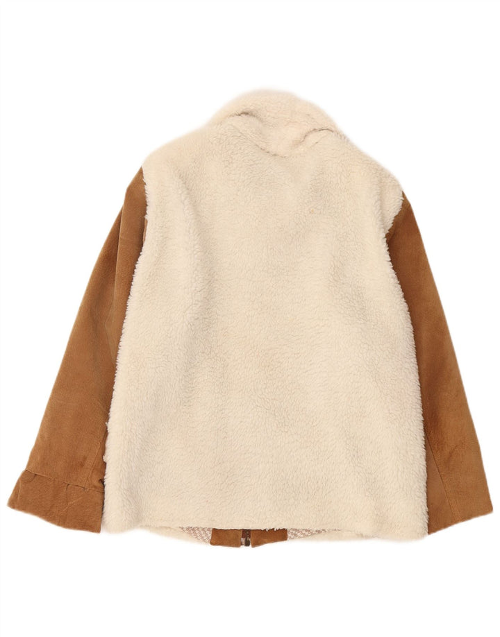 Veste polaire en cuir femme vintage UK 14 Cuir colorblock blanc moyen