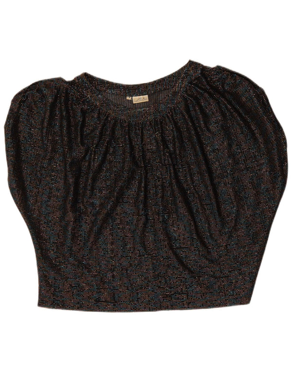 vintage Womens Crop Batwing Blouse Top UK 14 Moyen Noir Moucheté