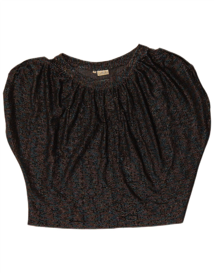 vintage Womens Crop Batwing Blouse Top UK 14 Moyen Noir Moucheté