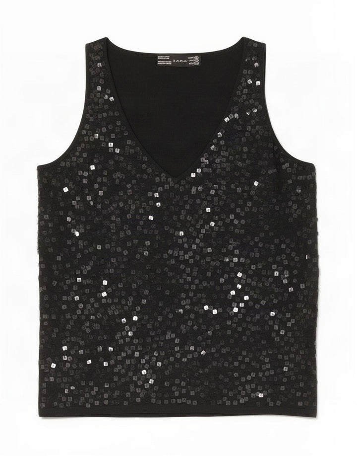 Zara Chemisier sans manches pour femme UK 42 Viscose mouchetée noir moyen