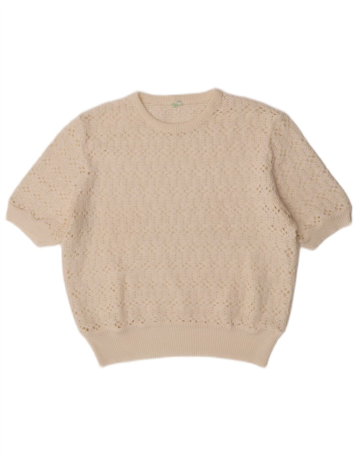 vintage Femmes Manches Courtes Crew Neck Jumper Pull UK 12 Moyen Off White