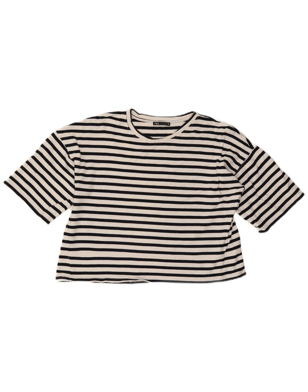 Zara Womens Crop T-Shirt Top UK 16 Grand Blanc Rayé