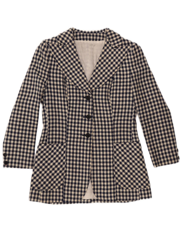 VINTAGE Femme 3 Bouton Blazer Veste UK 10 Petit Bleu Marine Vichy