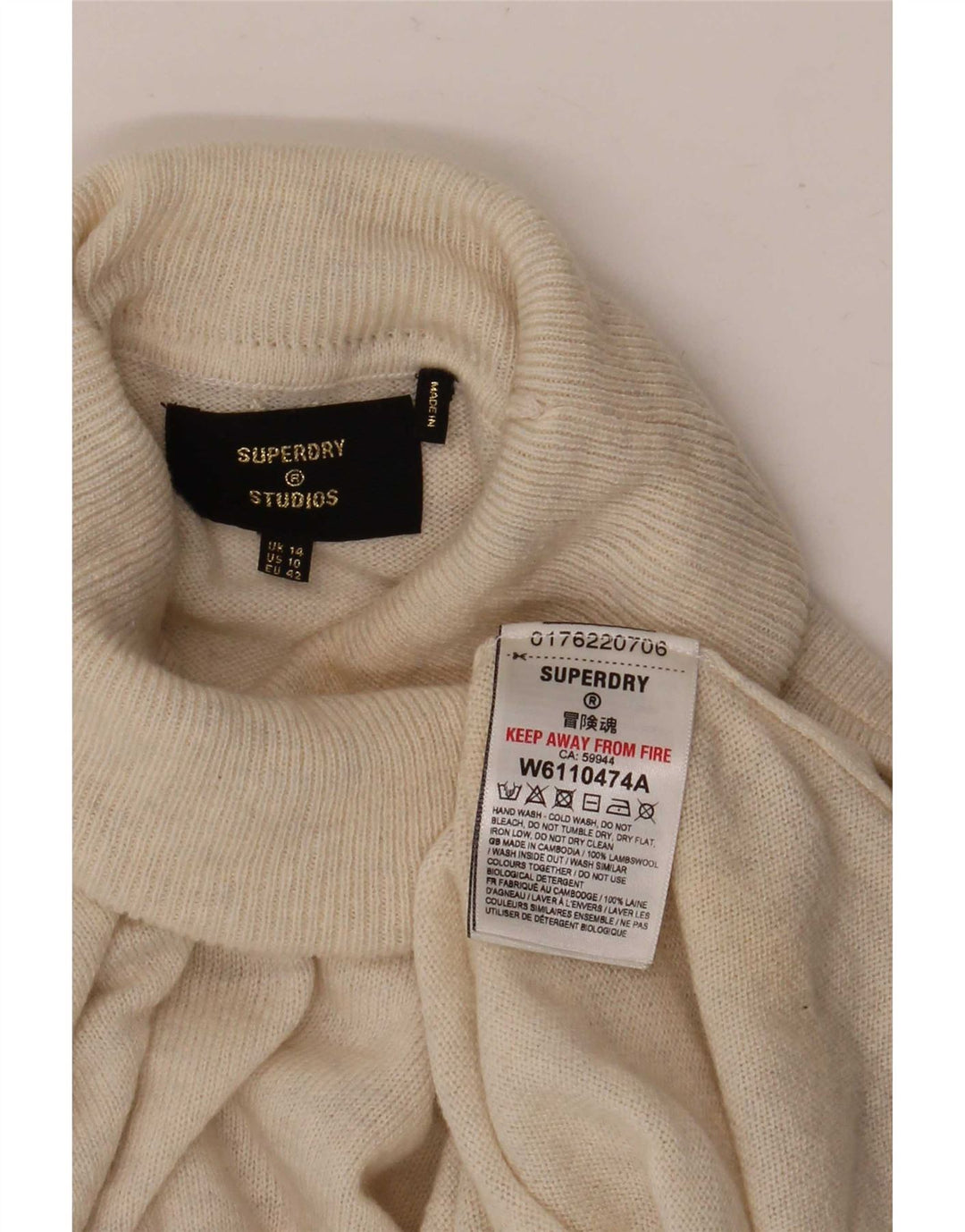 Superdry Pull surdimensionné à col roulé pour femme UK 14 Large Beige Laine
