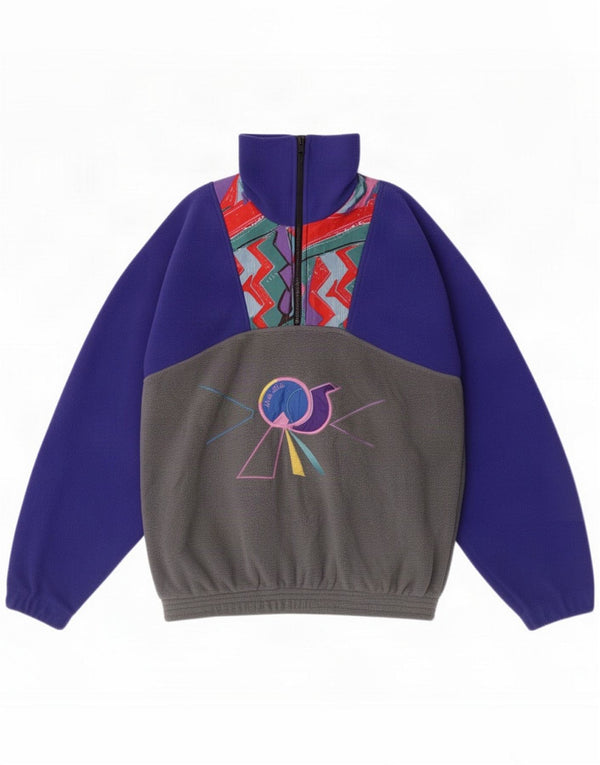 Vintage Pull polaire graphique à col zippé pour femme UK 18 XL Violet Colourblock