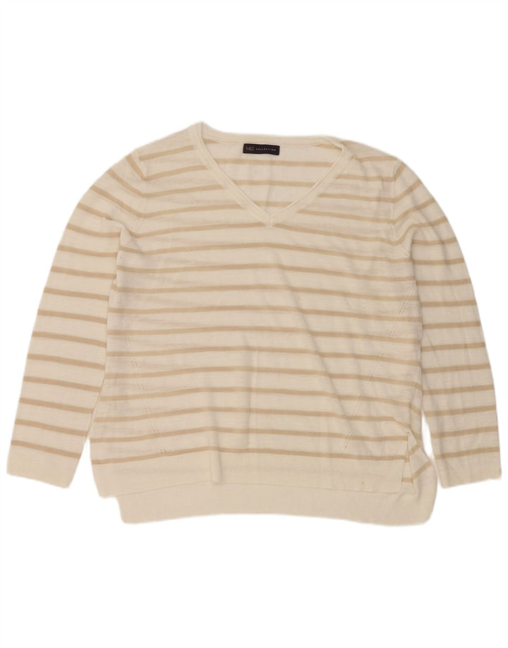 Marks & Spencer Pull col en V pour femme UK 14 Large Blanc Rayé