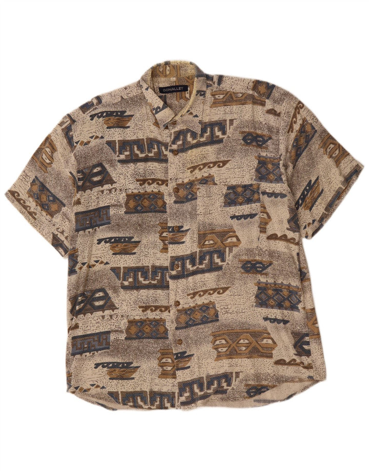 VINTAGE Mens Abstract Pattern Short Sleeve Shirt Large Grey Cotton