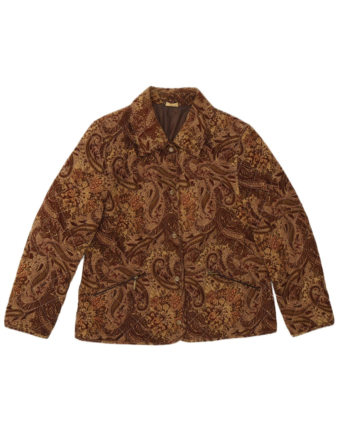VINTAGE Veste matelassée femme UK 16 Grande Viscose Paisley Marron