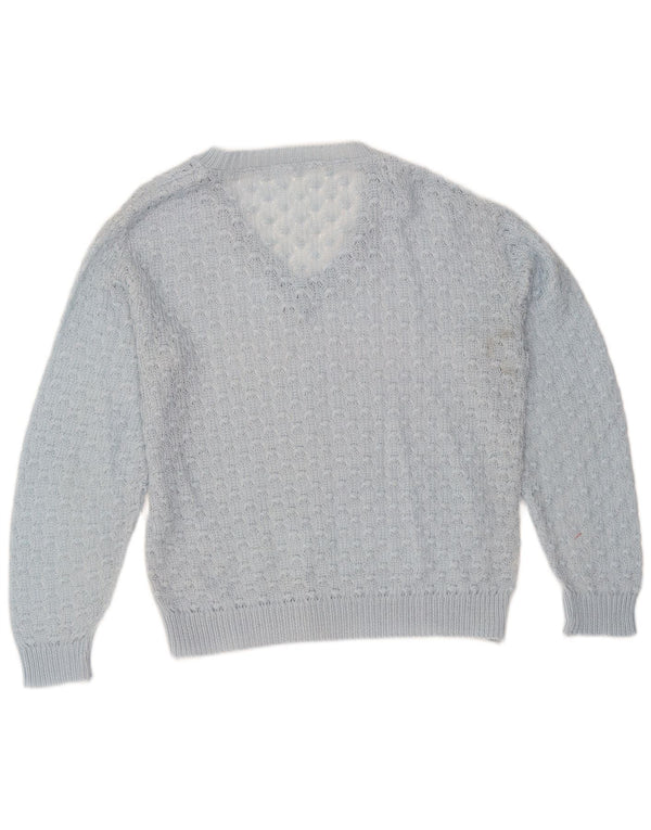 vintage Femme V-Col Jumper Pull UK 14 Bleu Moyen