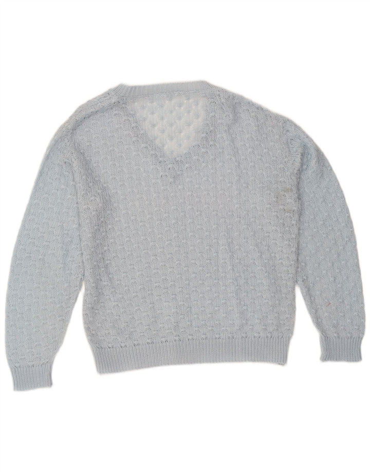 vintage Femme V-Col Jumper Pull UK 14 Bleu Moyen
