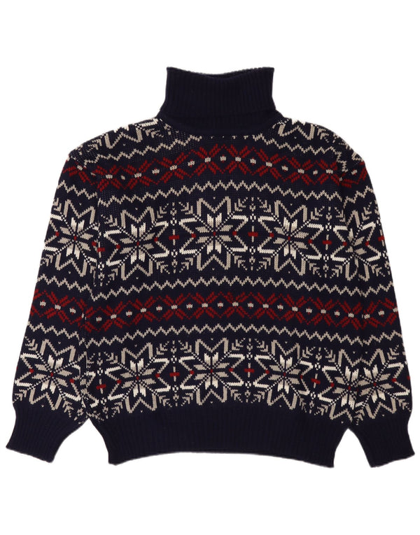vintage Mens Roll Neck Jumper Pull Grand Bleu Marine Fair Isle
