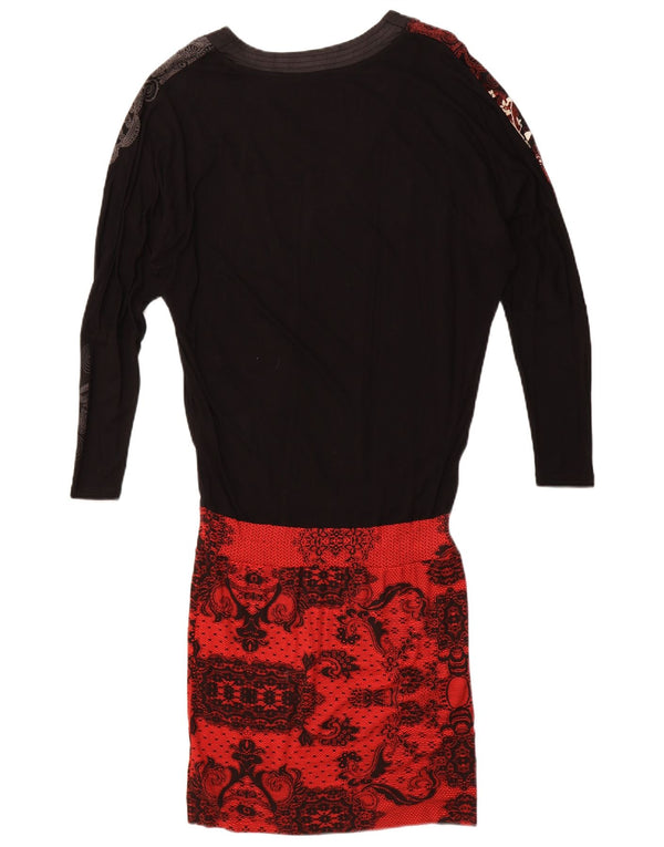 Desigual Femme Coupe Ample Taille Basse Robe UK 10 Petit Noir Floral Viscose