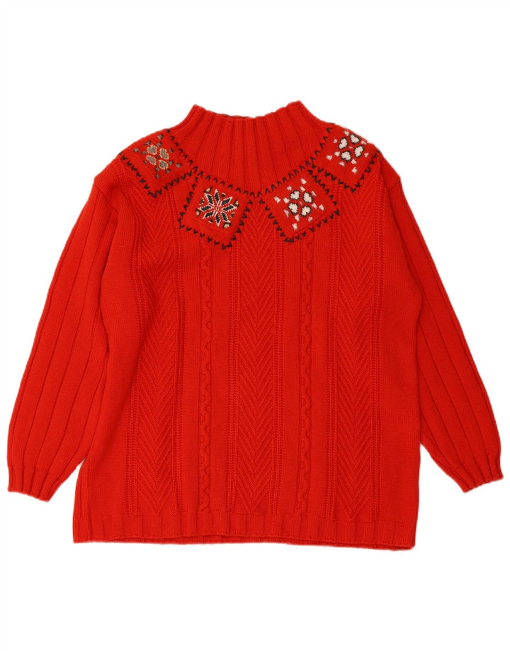 ELLA Pull à col roulé pour femme UK 16 Grande laine Fair Isle rouge