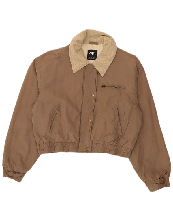 Zara Womens Crop Bomber Jacket UK 16 Grand Coton Marron
