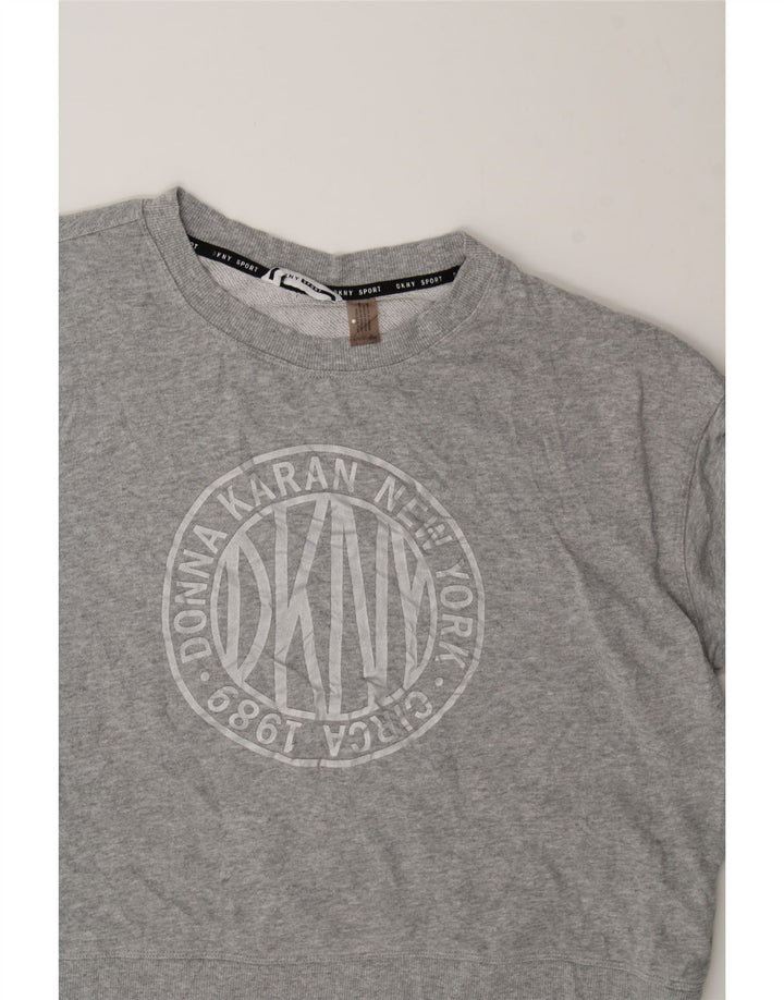 DKNY Womens Oversized Crop Graphic Sweatshirt Jumper UK 16 Large Grey Vintage Dkny and Second-Hand Dkny from Messina Hembry 