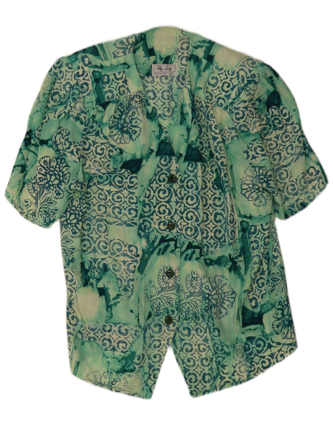 vintage Femme Chemise À Manches Courtes Blouse UK 14 Patchwork Vert Moyen